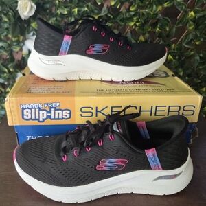Skechers Slip-ins Arch Fit 2.0 Easy Chic Sneaker Black Hot Pink Sz 8 EU 38 Vegan